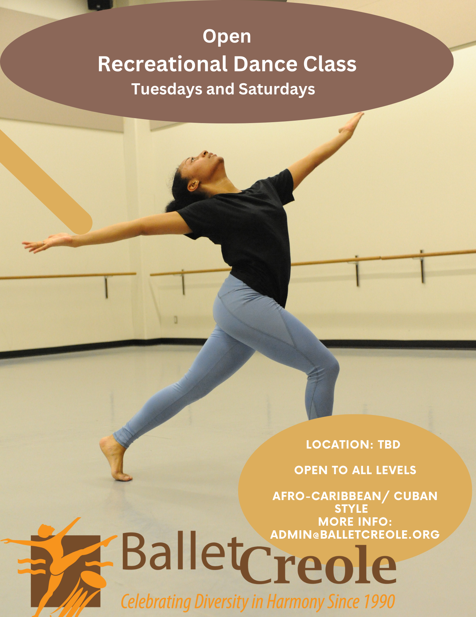Church Photo of Artistic Director Patrick Parson leading dance class with young children in a dance studio. Flyer text contains same details of locations and times that is located to the right of this image.