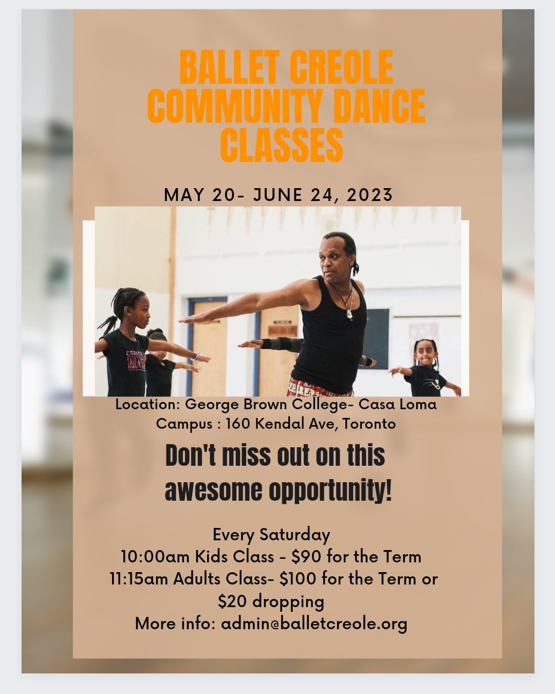 Photo of Artistic Director Patrick Parson leading dance class with young children in a dance studio. Flyer text contains same details of locations and times that is located to the right of this image.